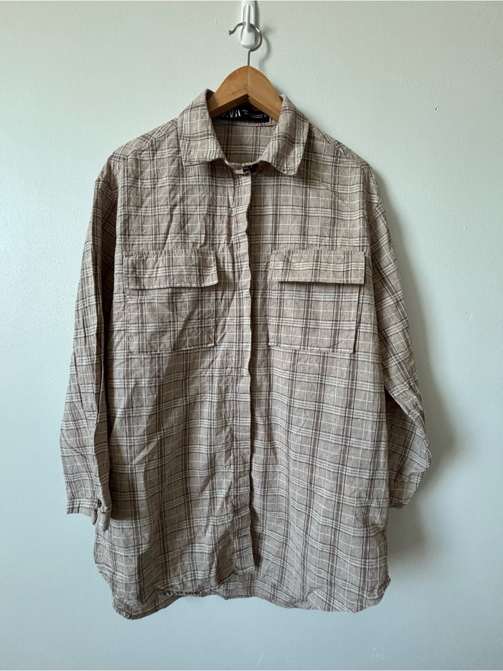 Zara Beige Plaid Lightweight Shirt Jacket